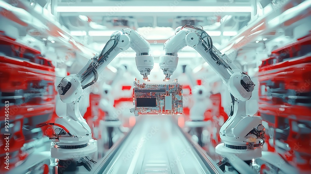 Poster automated robotic arm assembly line, dynamic 3d visuals showcase the efficient production of electro