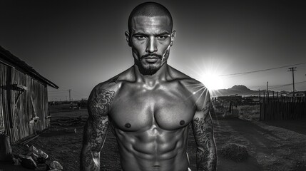 Obraz premium A powerful black and white portrait of a muscular man with tattoos, standing against a dramatic sunset backdrop.