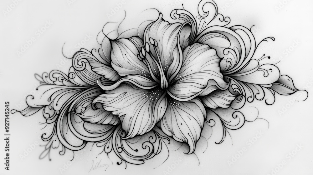 Poster A close-up of a detailed black and white drawing of a single lily flower with ornate swirls surrounding it. The image is done in a realistic style, capturing the delicate details of the flower and the