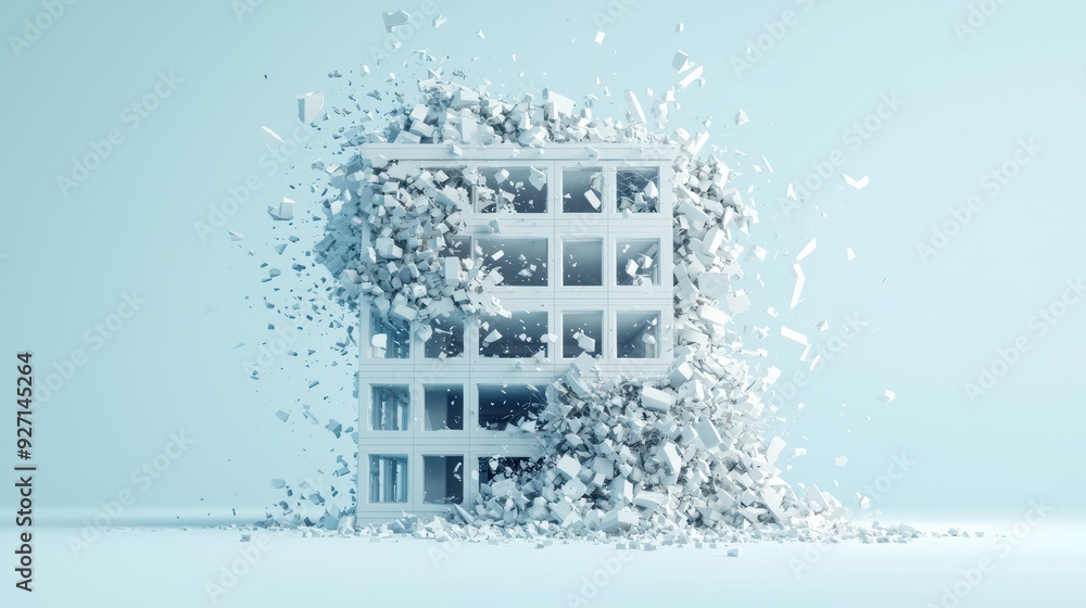 Poster economic collapse: 3d business building with shattered windows and falling debris in complementary c