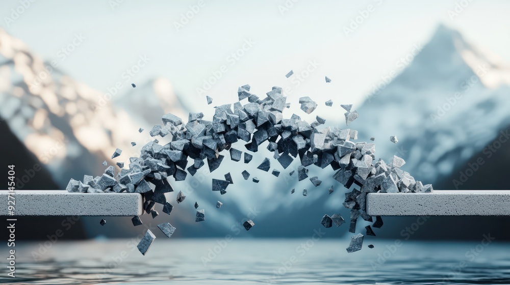 Poster fragmented connections - 3d render of crumbling business bridge symbolizing lost connections in comp