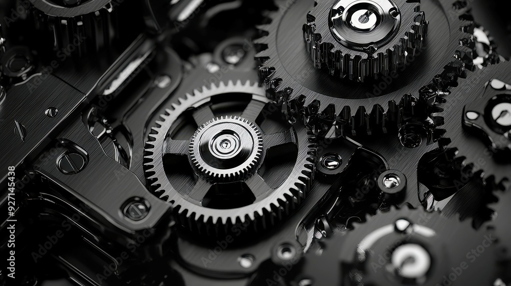 Poster intricate mechanism of gears and wheels, a complex arrangement of metallic gears and wheels interloc