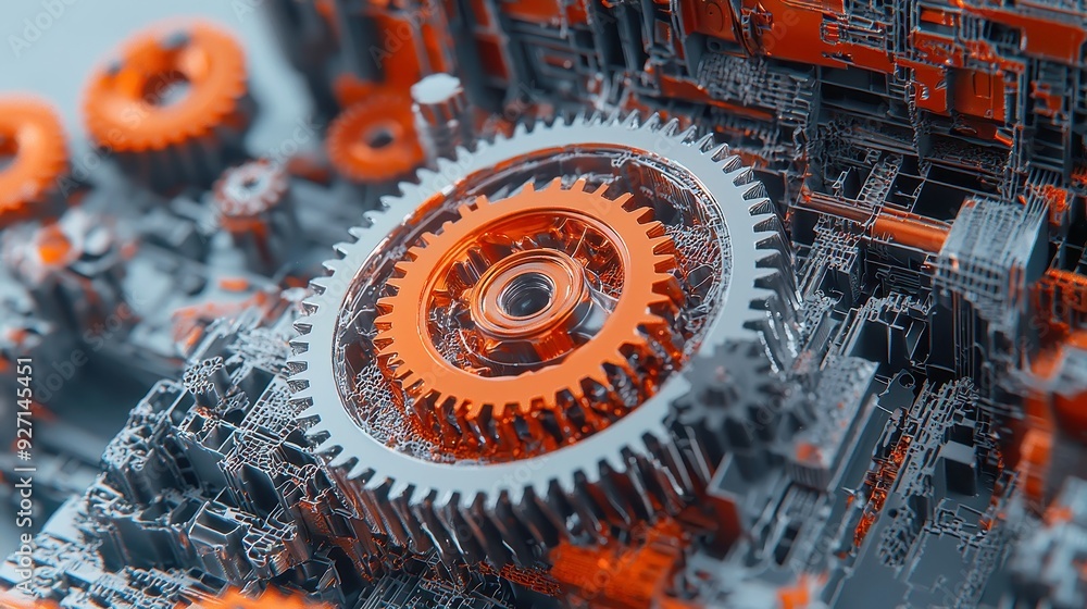 Poster intricate mechanisms, a dynamic composition of interlocking wheels and gears, creating a mechanical 