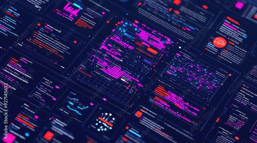 Poster algorithm visualization, wide format design showcases intricate processes and relationships, set aga