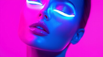 Radiant Glow of Dual-Toned Lights on Woman's Face, captivating interplay of blue and pink hues, highlighting features in a vibrant, artistic expression of color and light.