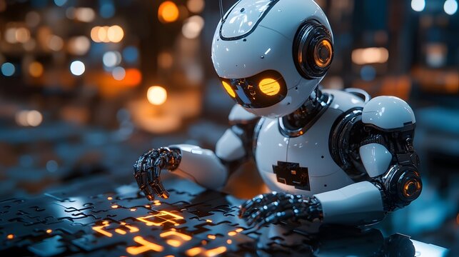 3D search engine robot piecing together a digital puzzle