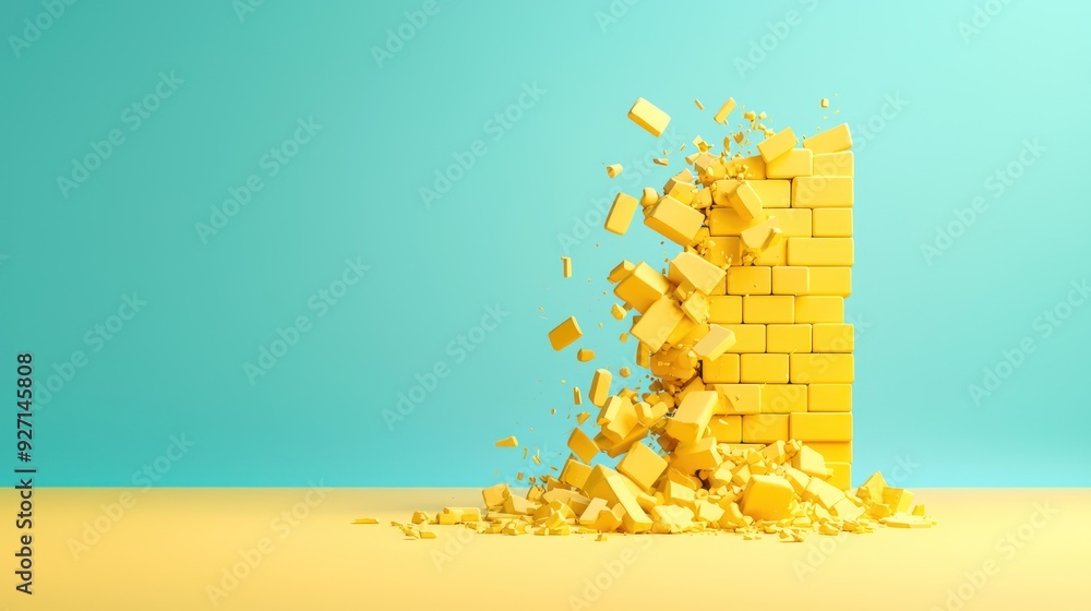 Poster breaking through the cracks - conceptual 3d render of collapsing business wall symbolizing economic 
