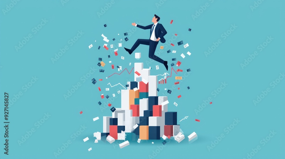 Poster escaping financial crisis - flat design of businessperson fleeing collapsing building of charts in c