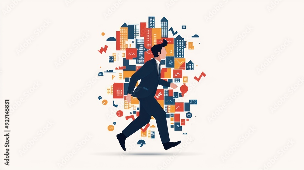 Poster escape from the financial chaos - flat design businessperson fleeing collapsing chart building in co