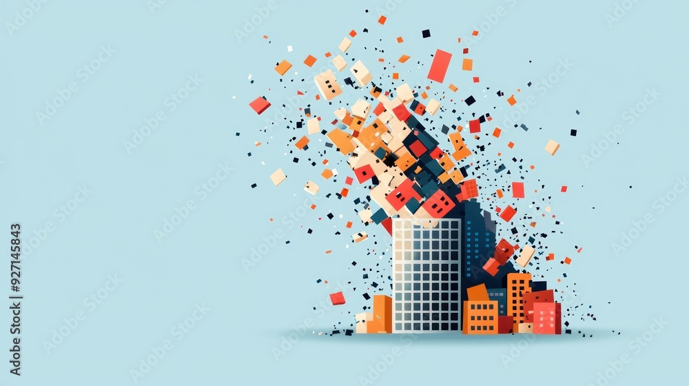 Poster escaping financial chaos - flat design of businessperson evacuating collapsing building of charts in