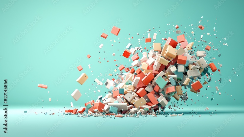 Poster crumbling business structure symbolizing economic decline - striking 3d render in complementary colo