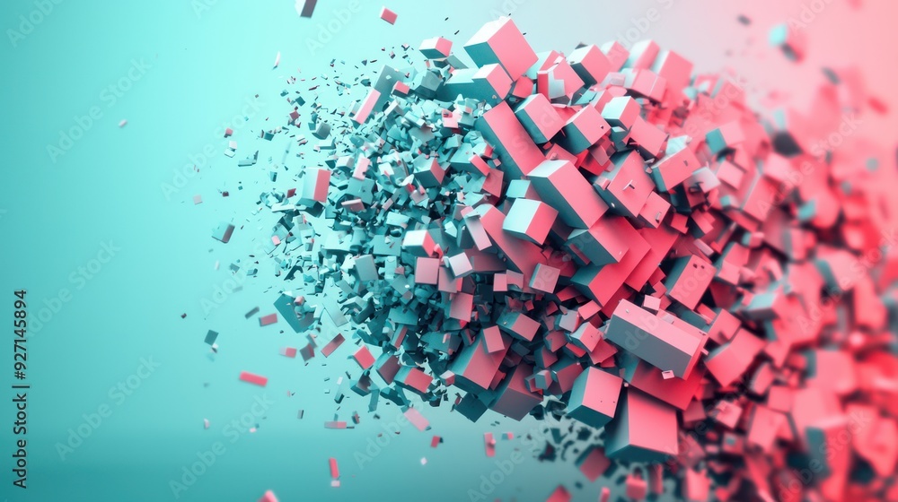 Poster deteriorating business icon: symbolic 3d render of collapsing corporate structure in complementary c