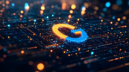 3D search engine logo surrounded by swirling data streams