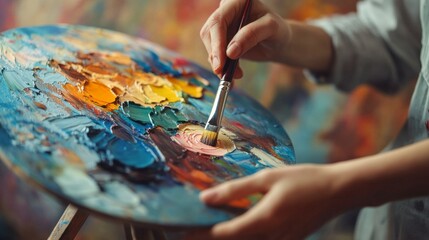 Fototapeta premium Artist's Palette: Close-Up of Vibrant Color Mixing with Brush