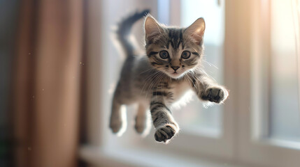 a picture of a small, gray tabby kitten with bright green eyes, in mid-air.
