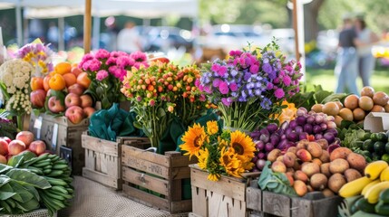 A variety of colorful fruits, vegetables, and flowers are displayed in wooden crates at a bustling outdoor market. The sun shines brightly as shoppers browse the selection of fresh, locally grown good