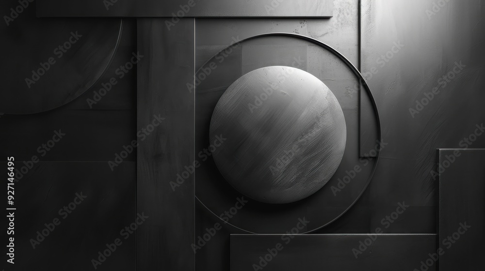 Poster A close-up shot of a modern interior wall with circular and rectangular recessed panels, creating a geometric pattern. A large, round, textured disc sits within a slightly larger circular frame, all p
