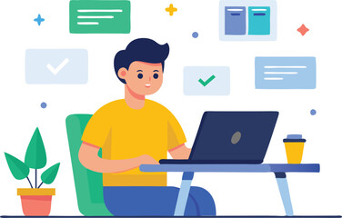 A young man engages with his laptop in a bright, modern workspace filled with plants and digital icons representing productivity.