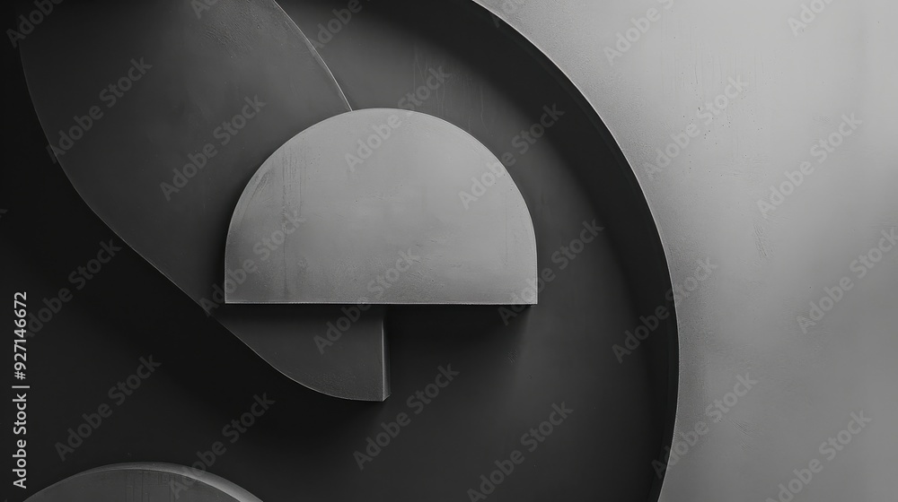 Poster A close-up photo of a black and white geometric wall art installation. The piece features a variety of curved and semi-circular shapes that create a visually interesting pattern. The shapes are arrang
