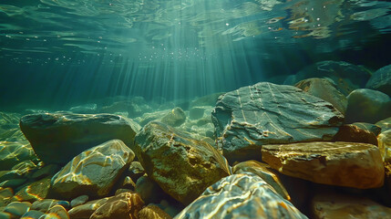 Sunlight streams through clear water onto rocks at the bottom of a shallow stream.

