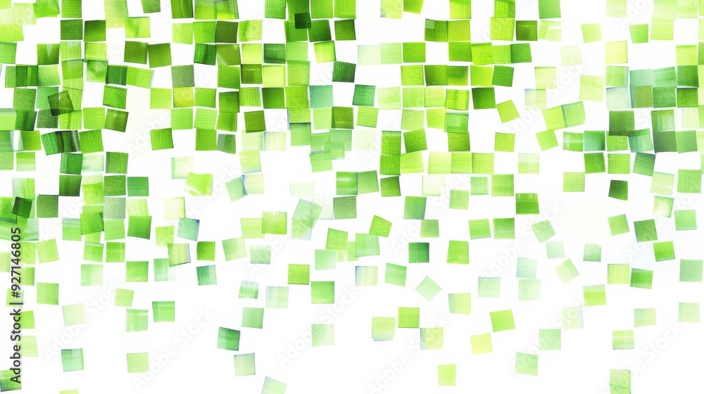 Poster A digital illustration featuring a repeating pattern of small green squares arranged in a seemingly random manner, set against a solid white background. The squares are slightly translucent, allowing 