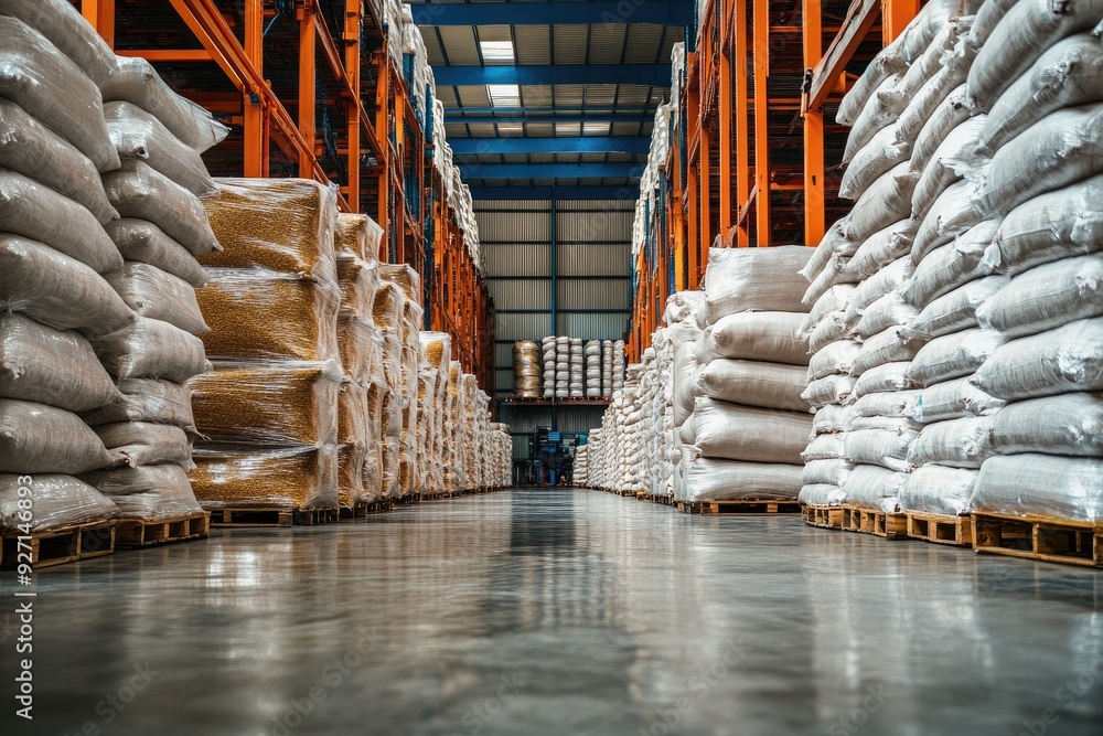 Poster stacked sacks of grain in a warehouse. this image can be used to represent the storage and distribut
