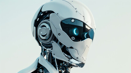 a robot head with a white face, a red eye, and some exposed mechanical parts.