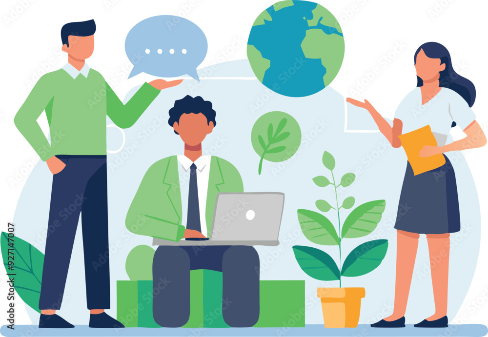Poster a group collaborates in an office, discussing ideas while using a laptop and surrounded by plants an