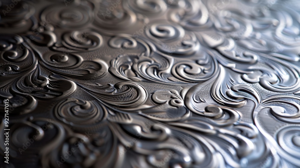 Poster The image showcases a close-up view of a silver surface adorned with an intricate floral pattern. The pattern consists of delicate swirls and scrolls, creating a three-dimensional texture that catches