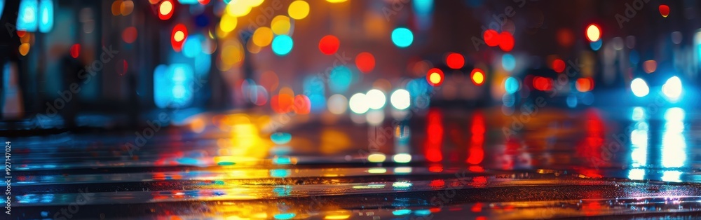 Poster a close-up view of wet pavement, reflecting the colorful blur of city lights at night. the blurred l