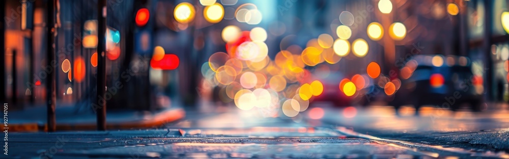 Poster A close-up view of a city street at dusk, with blurred lights creating a bokeh effect. The focus is on the wet pavement in the foreground. The background is a blurred image of buildings and streetligh