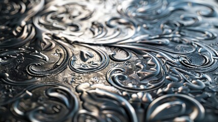 A close-up view of a silver surface adorned with an intricate floral pattern. The light catches the raised edges of the design, creating a subtle play of light and shadow. The intricate details of the