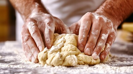 Kneading Perfection: Close-Up of Floury Hands Shaping Dough