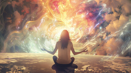 a person sitting in a lotus position, surrounded by an orange and yellow light effect.