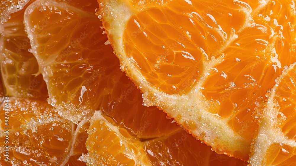 Poster a closeup shot of several juicy tangerine segments, showing the bright orange flesh and the white me