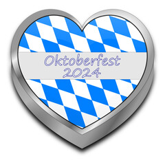 Heart with Oktoberfest 2024 banner on a bavarian background - 3D illustration