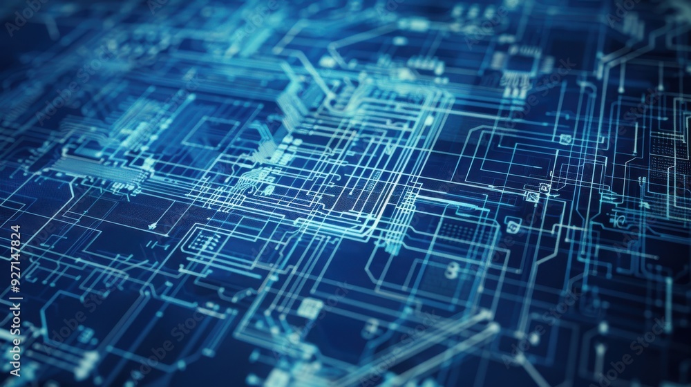 Poster a detailed close-up of a stylized circuit board pattern rendered in a blue color scheme. the pattern