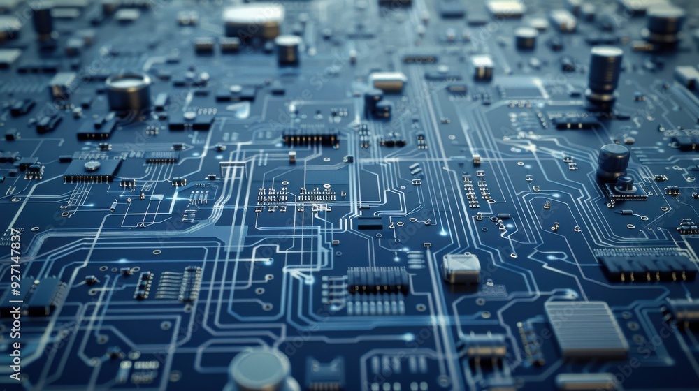 Poster a close-up view of a circuit board, showing the complex network of integrated components and traces.