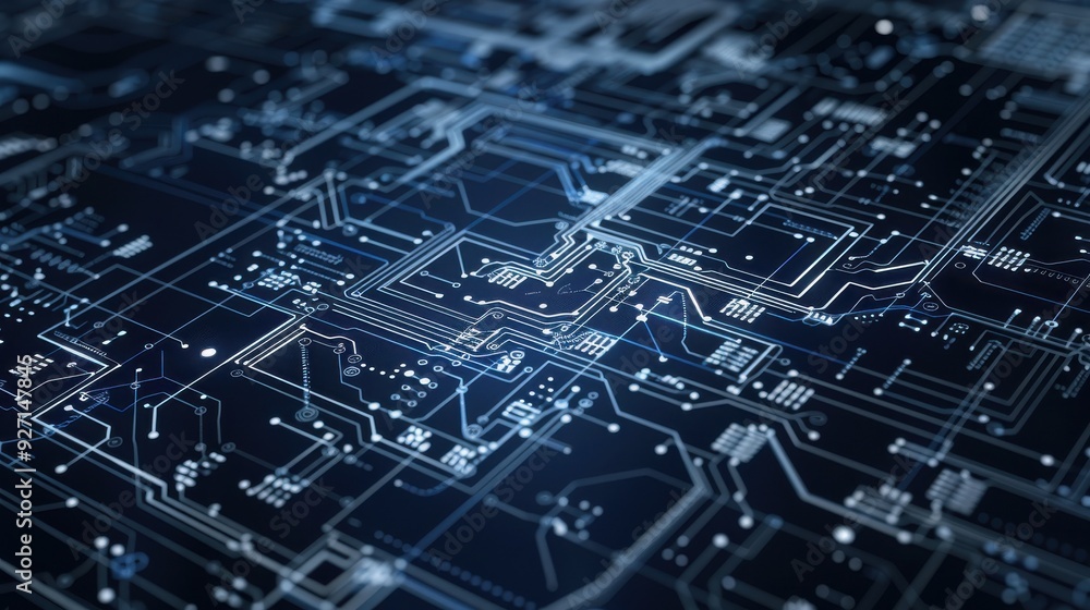 Poster a close-up view of a circuit board, showing a network of intricate white lines and glowing blue poin