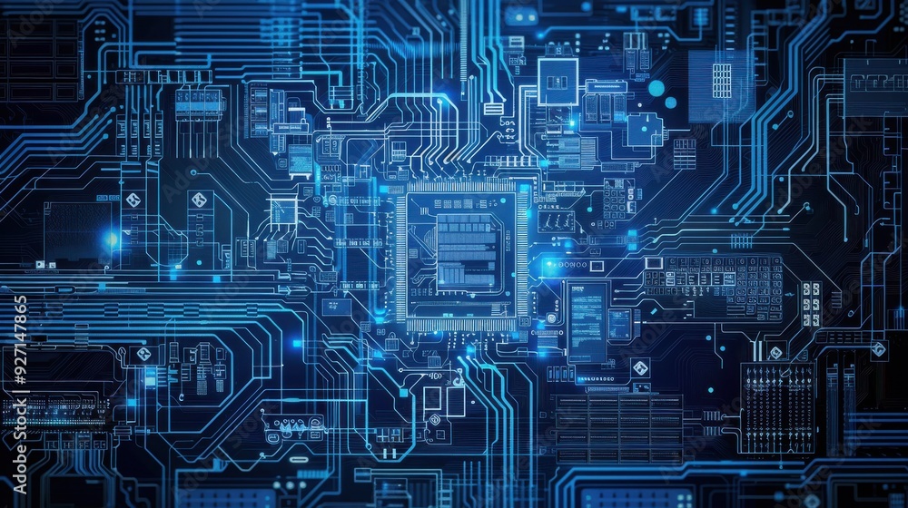 Poster a stylized image of a circuit board, with a central processor surrounded by intricate pathways of bl