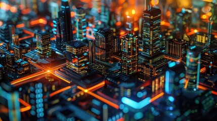 A miniature digital model of a futuristic city, illuminated with bright neon lights. The city is interconnected by glowing roads that create a network of pathways. The buildings are tall and sleek, wi