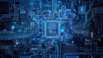 A stylized image of a circuit board, with a central processor surrounded by intricate pathways of blue lines. There are various electronic components and symbols, along with a futuristic glow, represe