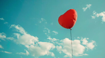A red heart-shaped balloon floats over a sandy beach with waves.

