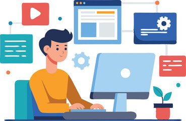 A person focused on their computer, surrounded by various digital elements for productivity and creativity.