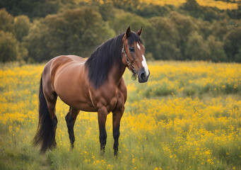 Bay Horse in a Field of Yellow Wildflowers