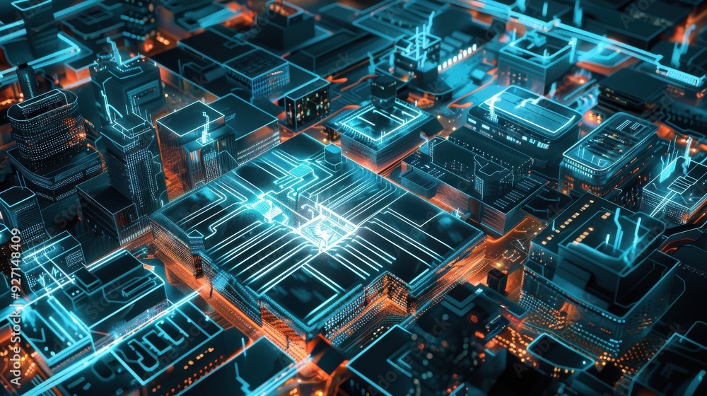 Aufkleber a digital rendering of a futuristic cityscape, depicted as a circuit board with glowing blue lines c