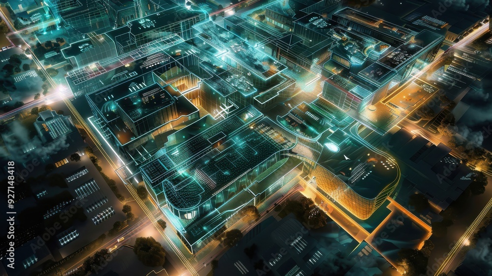 Poster An aerial view of a city at night, with a digital overlay of glowing blue and green lines. The overlay is a network of lines and shapes that show a complex technological system.