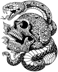 Ritual Decorated Skull with Wrapped Snakes as a Black and White Tattoo - Black Illustration Isolated on White Background, Vector