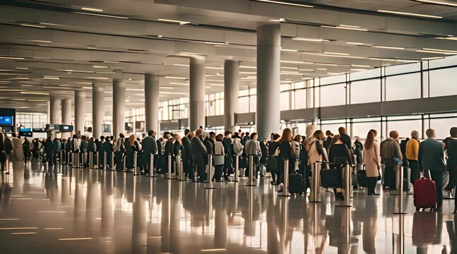 Travelers in Lengthy Queue at Airport During Daytime