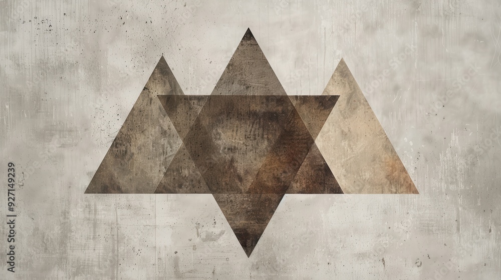 Poster A geometric design featuring brown triangles layered on a grey concrete background. The triangles are arranged to form a larger, central triangle and two smaller triangles on either side, creating a s